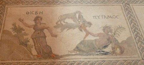 Mozaïek Pyramus en Thisbe met een luipaard, huis van Dionysos