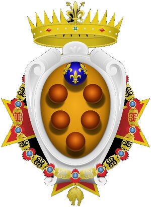 Wapen Familie de Medici. Wapenspreuk: Festina Lente (Haast U Langzaam)