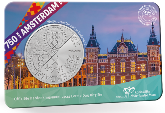 Nederland  5 euro 2024 "750 Jaar Amsterdam", EDU in coincard, voorkant