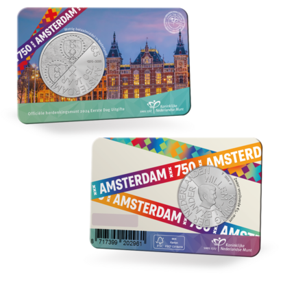 Nederland  5 euro 2024 "750 Jaar Amsterdam", EDU in coincard, voor- en achterkant