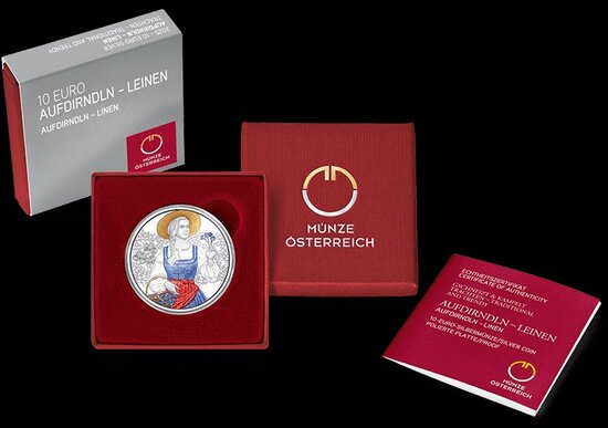 Oostenrijk 10 euro 2025 "Aufdirndl - Linnen", Proof in Zilver Ag 925, doosje
