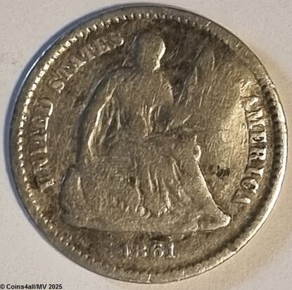 ½ Dime 1861, Seated Libety zonder mmt