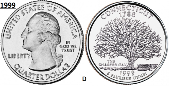25 Cent 1999, Connecticut 'The Constitution State', UNC mmt D