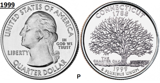 25 Cent 1999, Connecticut 'The Constitution State', UNC mmt P