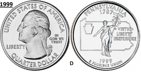 25 Cent 1999, Pennsylvania 'The Keystone State', UNC mmt D