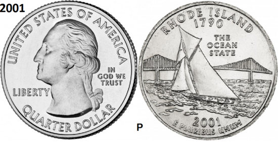 25 Cent 2001, Rhode Island &#x0027;The Ocean State&#x0027; UNC mmt P