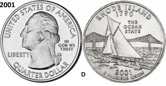 25 Cent 2001, Rhode Island 'The Ocean State', UNC mmt D