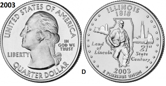 25 Cent 2003, Illinois 'The Land of Lincoln', UNC mmt D