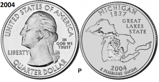 25 Cent 2004, Michigan 'The Great Lakes State', UNC mmt P