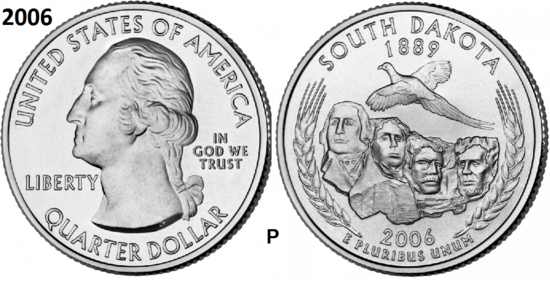 25 Cent 2006,  South Dakota 'The Mount Rushmore State', UNC mmt P