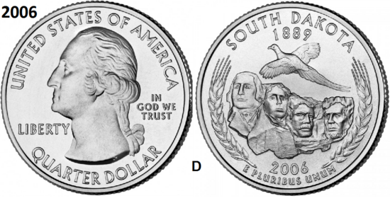 25 Cent 2006,  South Dakota 'The Mount Rushmore State', UNC mmt D