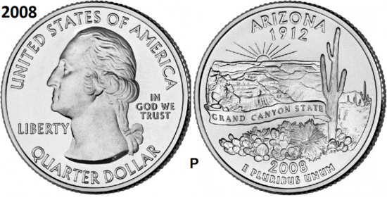 25 Cent 2008, Arizona 'The Grand Canyon State', UNC mmt P