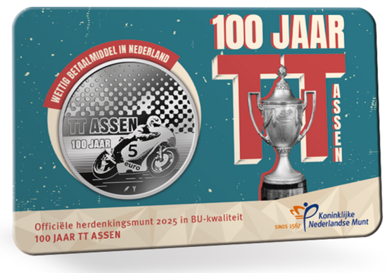 Nederland  5 euro 2025 "100 Jaar TT van Assen", BU in coincard