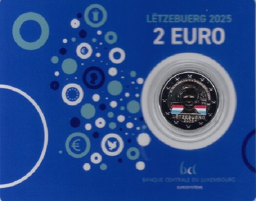 2025: 25ste verjaardag troonsbestijging Groothertog Henri mmt Raaf in coincard met kleur applicatie