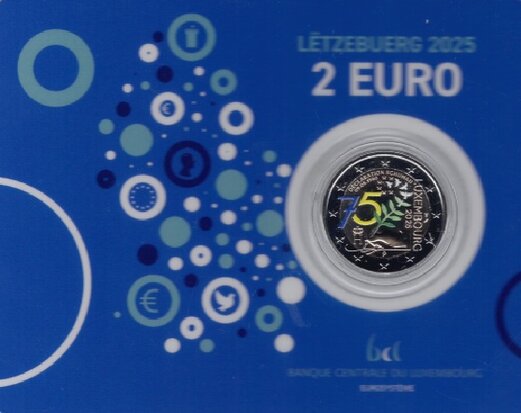 Luxemburg 2 Euro 2025 "75ste verjaardag van de Schumanverklaring", BU mmt Raaf in coincard met kleur