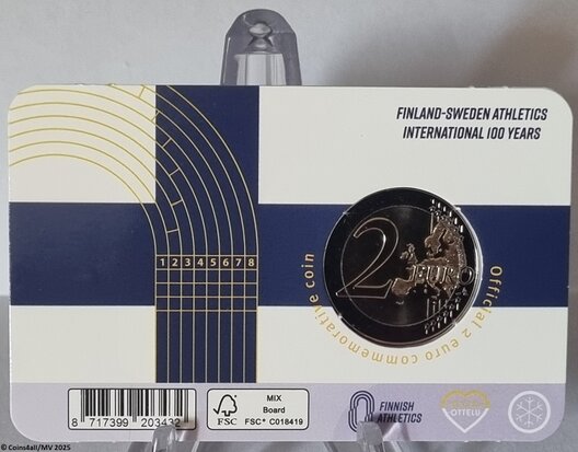 Finland 2 Euro 2025 "100 Jaar Atletiek wedstrijd Finland - Zweden", BU in coincard Finse versie