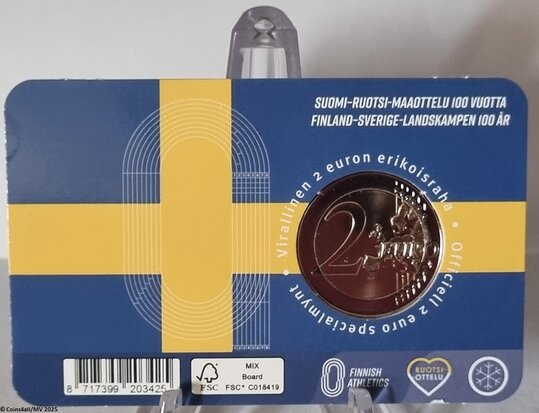 Finland 2 Euro 2025 "100 Jaar Atletiekwedstrijd Finland - Zweden", BU in coincard Engelse versie