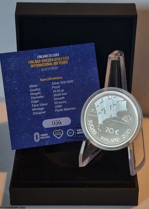 Finland 20 euro 2025 "100 Jaar Atletiek wedstrijd Finland - Zweden", Proof in luxe doosje