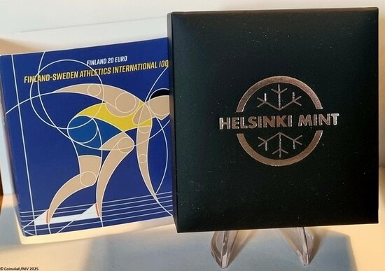 Finland 20 euro 2025 "100 Jaar Atletiek wedstrijd Finland - Zweden", Proof in luxe doosje