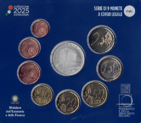2025: 8 circulatie munten met 3 euromunt 120 Jarig jubileum Automobile Club d'Italia