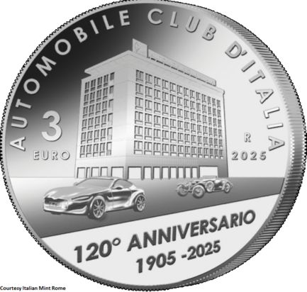 2025: 3 euromunt 120 Jarig jubileum Automobile Club d'Italia