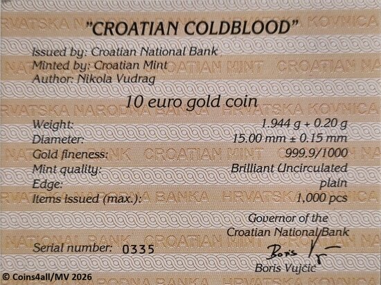 Kroati&euml; 10 Euro 2025 "Kroatische Koudbloed Paard", BU met COA in cassette Au 999