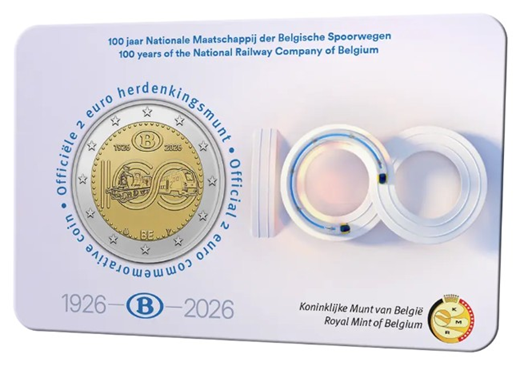 Belgi&euml; 2 Euro 2026 "100 jaar Belgische Nationale Spoorwegen (SNCB)", BU in coincard voorkant