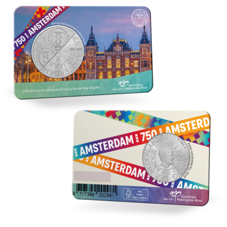 Nederland  5 euro 2024 "750 Jaar Amsterdam", EDU in coincard, voor- en achterkant