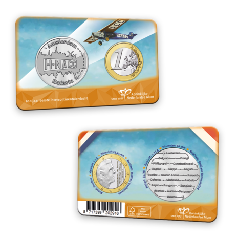 Nederland  1 euro én penning 2024 "100 jaar eerste intercontinentale vlucht", BU voor- en achterkant