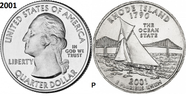 25 Cent 2001, Rhode Island &#x0027;The Ocean State&#x0027; UNC mmt P