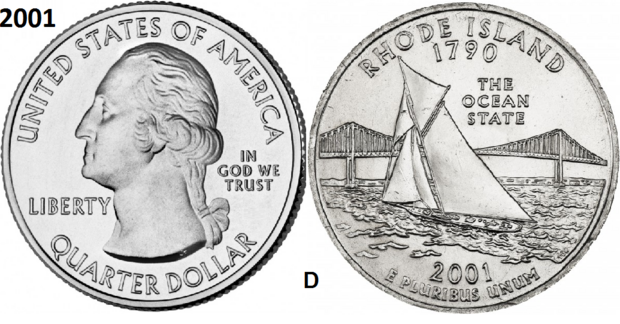 25 Cent 2001, Rhode Island 'The Ocean State', UNC mmt D