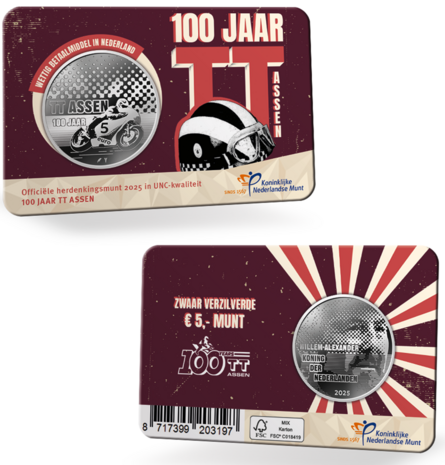 Nederland  5 euro 2025 "100 Jaar TT van Assen", UNC in coincard