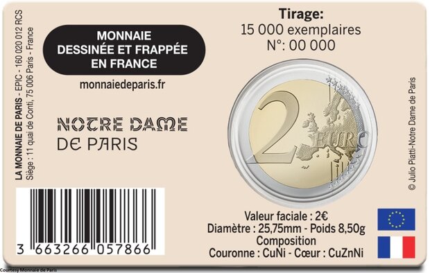 Frankrijk 2 Euro 2025 "Notre Dame", BU in coincard