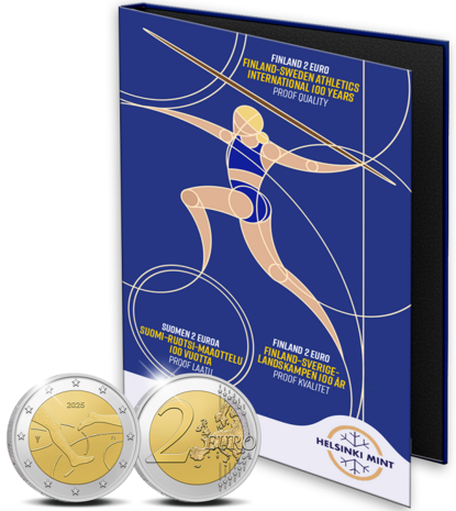 Finland 2 euro 2025 "100 Jaar Atletiek wedstrijd Finland - Zweden", Proof in luxe etui