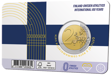 Finland 2 Euro 2025 "100 Jaar Atletiek wedstrijd Finland - Zweden", BU in coincard Finse versie