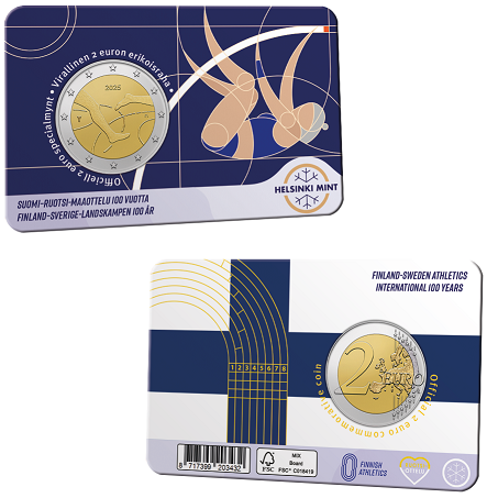 Finland 2 Euro 2025 "100 Jaar Atletiek wedstrijd Finland - Zweden", BU in coincard Finse versie