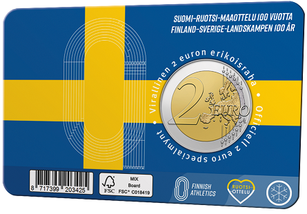 Finland 2 Euro 2025 "100 Jaar Atletiekwedstrijd Finland - Zweden", BU in coincard Engelse versie