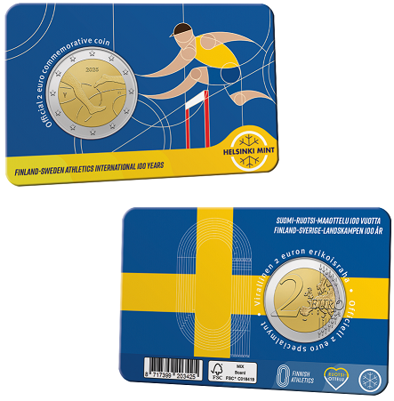 Finland 2 Euro 2025 "100 Jaar Atletiekwedstrijd Finland - Zweden", BU in coincard Engelse versie