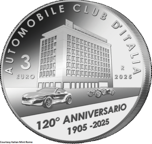 2025: 3 euromunt 120 Jarig jubileum Automobile Club d'Italia