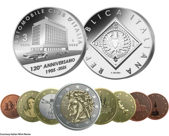 2025: 8 circulatie munten met 3 euromunt 120 Jarig jubileum Automobile Club d'Italia