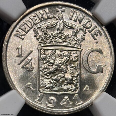 Nederlands Indi&euml; 1/4 Gulden 1941, NGC graded MS66