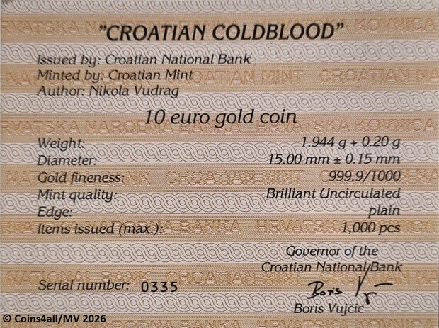 Kroati&euml; 10 Euro 2025 "Kroatische Koudbloed Paard", BU met COA in cassette Au 999