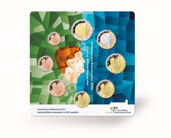 Nederland UNC-set 2015, 8 munten met normale 2 euromunt in blister