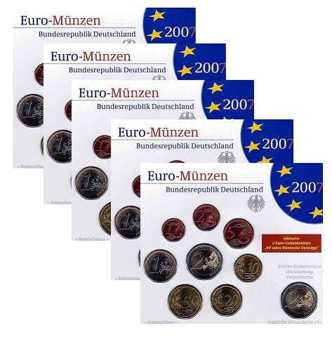 Duitsland BU-set 2007 ADFGJ met 2 euro Kasteel Schwerin en Verdrag van Rome toegevoegd