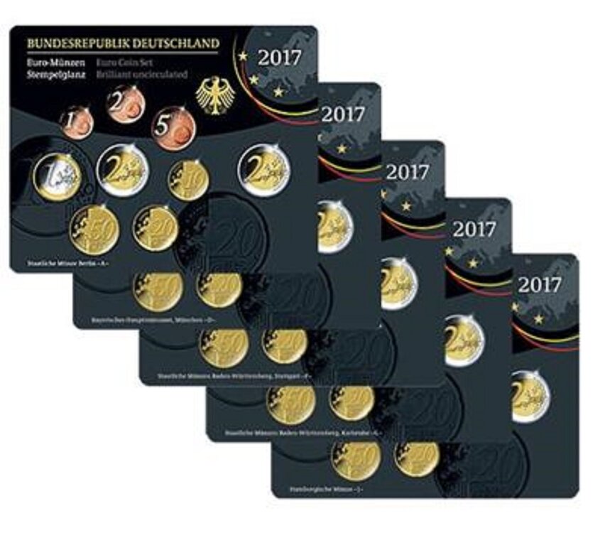 Duitsland BU-set 2017 ADFGJ met normale 2 euromunt en bijzondere 2 euromunt 