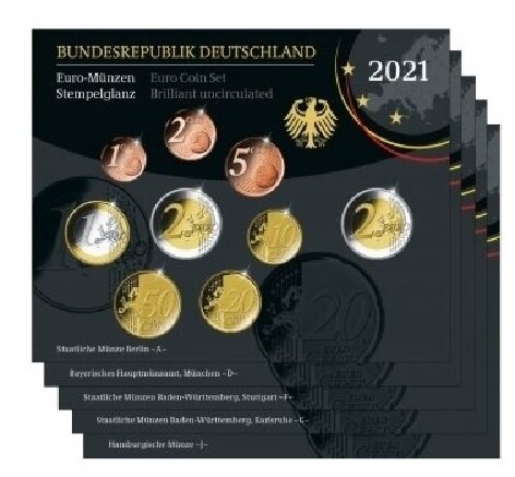 Duitsland BU-set 2021 ADFGJ met normale 2 euromunt