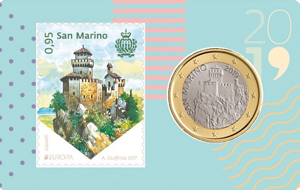 San Marino coincard 2019 met postzegel en normale 1 euromunt