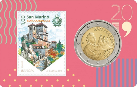 San Marino coincard 2019 met postzegel en normale 2 euromunt