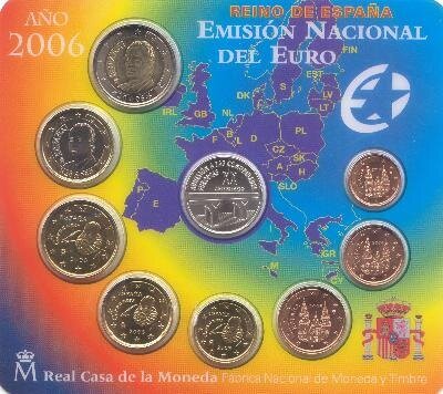 Spanje BU-set 2006 met zilveren EU toetredingsmedaille en normale 2 euromunt