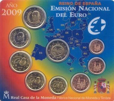 Spanje BU-set 2009 met normale 2 euromunt en bijzondere 2 euromunt EMU